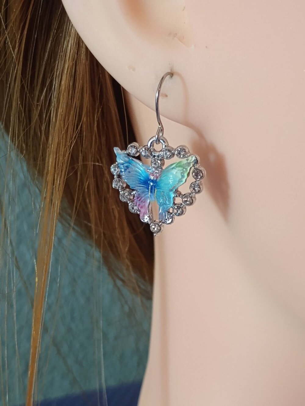 Resin Butterfly in Rhinestone Heart Earrings